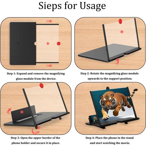 Screen Magnifier Version, 2026 New 3D HD Screen Magnifier for Cell Phone with Foldable Stand, Display Magnifier for Videos, Movies, Gaming, Travel and Home Use (Black, 12'')
