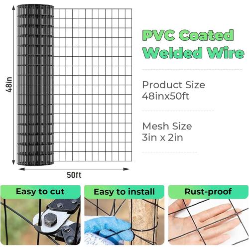 Size 48 Inch x 50 Foot, 2 Inch x 3 Inch Garden Fence Black PVC Coated Welded Wire Fencing 48 Inch x 50 Foot, 2 Inch x 3 Inch 16GA, Garden Border Fencing Roll Vinyl Coating Metal Wire Mesh for Yard Vegetable Plant Protection Poultry Netting