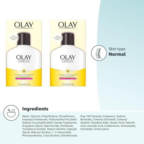 Olay Face Moisturizer, Complete with Sunscreen SPF 15, Daily Facial Lotion for Normal Skin, Lightweight Hydrating Broad Spectrum Sun Protection - Vitamin C, E, and Niacinamide - 6 Oz