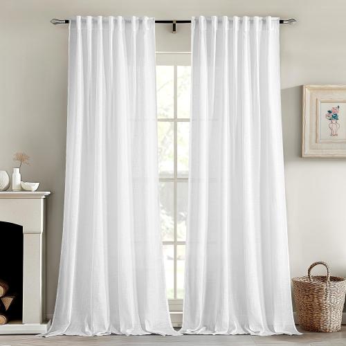 MIULEE White Linen Curtains 102 Inch Long 2 Panels for Bedroom Living Room, Soft Thick Linen Textured Back Tab Window Drapes Semi Sheer Light Filtering Rod Pocket Modern Farmhouse Decor