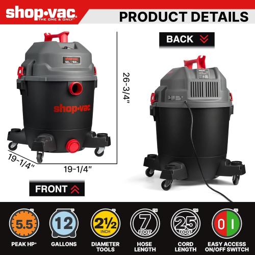 Shop-Vac 5430098 Ultra Quiet Wet/Dry Vacuum, 12 Gallon, 5.5 HP Powerful Suction & Heavy Duty for Jobsite, Garage, Workshop & Home