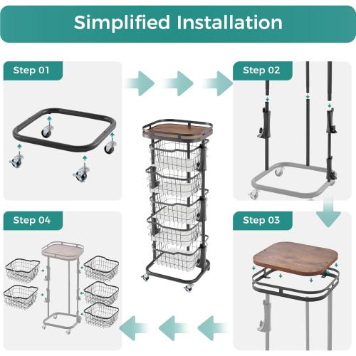 5 Tier Kitchen Vegetable Storage Cart Fruit Basket with One-Piece Rotating Bowls, Rolling Cart on Wheels with Wire Mesh Basket, Large Metal Pantry Organizer Stand Holder for Onion Potato, Black