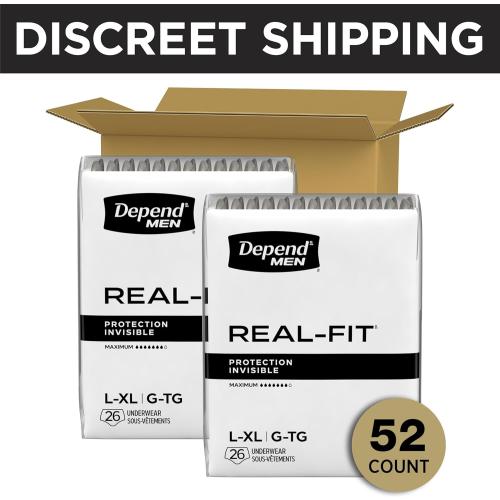 Depend Real Fit Adult Diapers, Incontinence Underwear for Men, Disposable, Maximum Absorbency, Large/Extra Large, 52 Count (2 Packs of 26), Packaging May Vary
