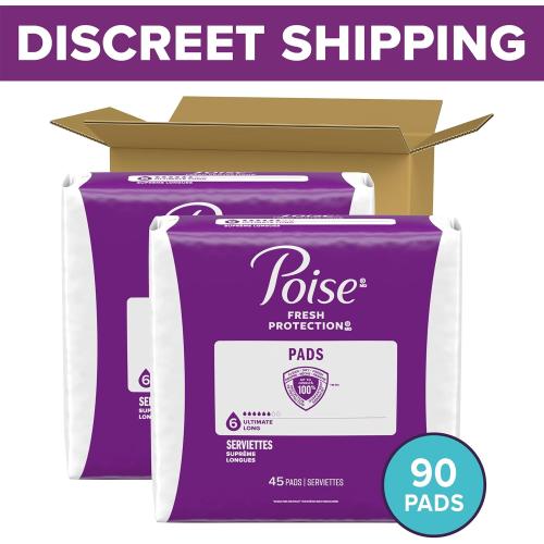 Poise Incontinence & Postpartum Pads for Bladder Leaks, 6 Drop Ultimate Absorbency, Long Length, 90 Count, Packaging May Vary