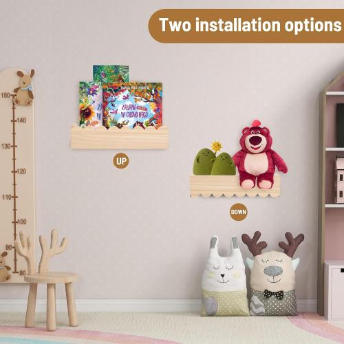 Wood Floating Shelves for Wall ,Nursery Bookshelf,Kids Book Shelf ,Baby Toys Storage Decor Organizer Wall Mounted for Living Room Bedroom,Wavy Edge,Preassembled,2 Pack,Scalloped Pine(Natural Wood)