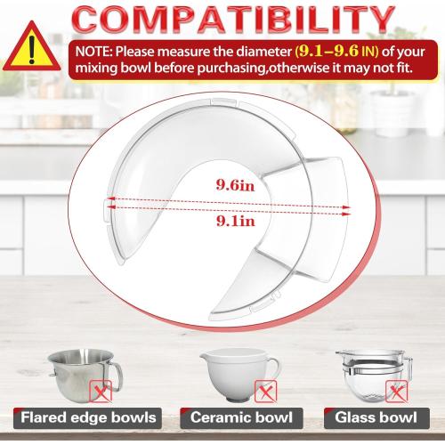 Upgraded (More Stable Snap Tabs Design) Pouring Shield(Diameter 9.1~9.6) Fit for kitchenaid 5.5, 6, 7, 8 Quart Bowl-Lift Stand Mixer Splash Guard for kitchenaid Three-Year Warranty