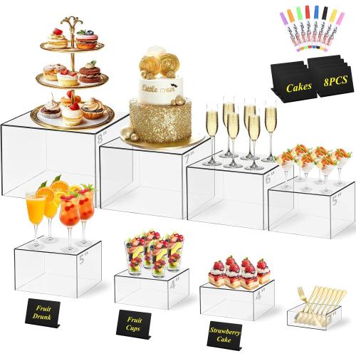 8 Pcs Clear Acrylic Buffet Risers with Mini Sign and Maker,Buffet Risers and Stands Clear Food Display Risers for Buffet Table Party Catering Dessert Cupcake Collectibles (8 7 6 5 5 4 4 3)