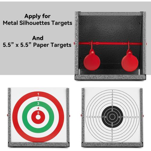 BB Gun Target Trap with Catch Box & 20 PCS Shooting Paper, Airsoft & Pellet Gun Shooting Catcher, with Spinning Metal Silhouettes Targets, for Backyard, Indoor - Small Size