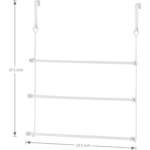MyGift 3 Tier White Metal Over The Door Bathroom Towel Rack, Small Space Extra Storage Towel Bar Hanger