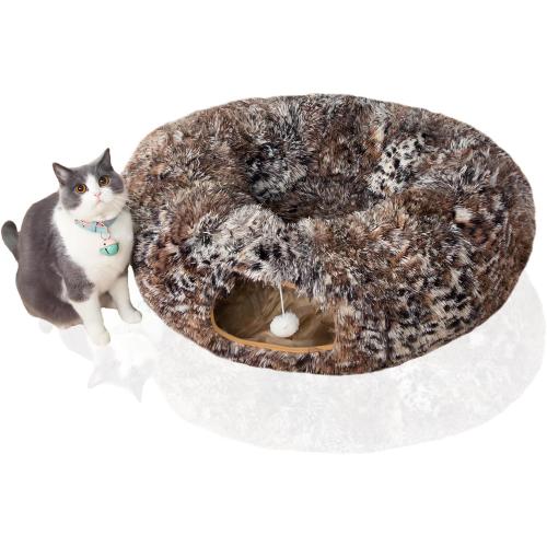 LUCKITTY Warm Fluffy Plush Cat Tunnel Bed with Washable Cushion- Big Tube Playground Toys 3 FT Diameter Collapsible, for Indoor Cat Kitty Kitten Puppy Rabbit Ferret Leopard Print