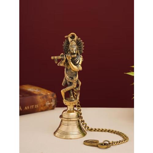 Nams Indian Handicraft Pure Brass Lord Krishna Bell for Home Temple, Mandir Pooja Room Auspicious Décor Traditional Hanging Bell for Positive Vibes & Spiritual Ambience (68.5 x 8.5 cm)