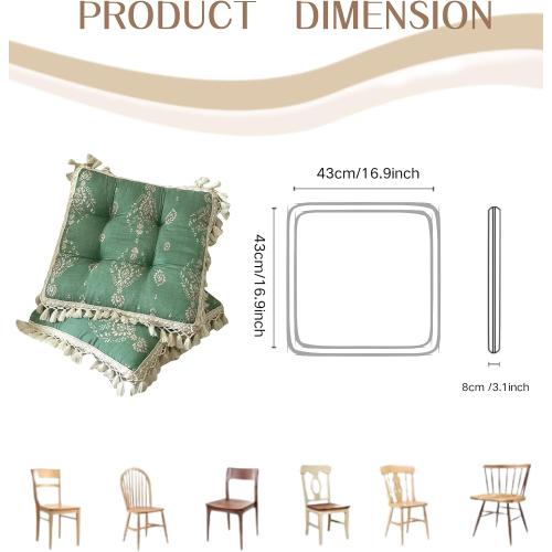 Set of 2 Floral Printed Chair Pads with Tassels Cotton Linen Square Chair Cushions 17x17x3 Inch Seat Cushion for Living Room Kitchen and Officewooden Chair (Green,17x17)