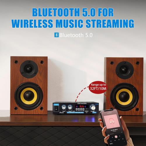 AK35 200W Stereo Audio Amplifier Bluetooth 5.0, 2.0 Channel Mini Amplifier Stereo Receivers with Bass & Treble Control,Home Amplifier w/AUX, USB, SD Card Input,Remote Control
