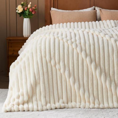NEWCOSPLAY Faux Fur Twin Blanket Ivory 3D Ribbed Plush Thick Warm Blanket for Couch Sofa Bed 850GSM (Ivory Ribbed, Twin(60x80))