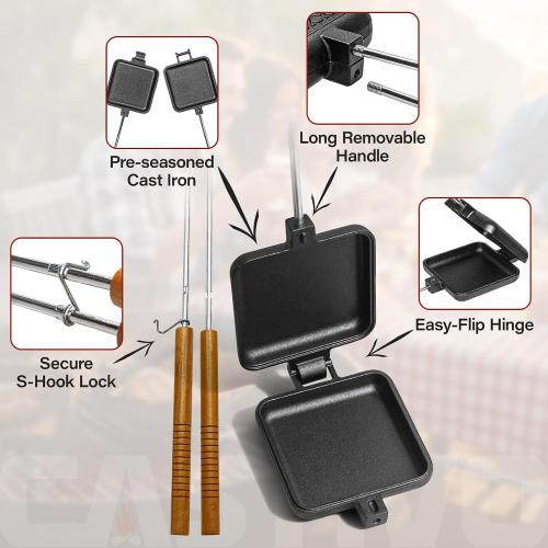 Mountain Pie Maker Cast Iron Set of 2 with Storage Bag – 5 Smores Sticks for Fire Pit, Camping and Outdoor Cooking