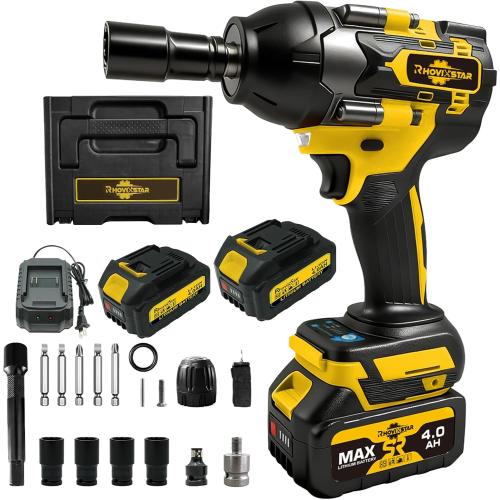 Rhovixster 1/2 Impact Gun, Cordless Impact Wrench Set, 1/2 Torque Impact, Brushless Motor High Torque Impact Guns with 2pcs 4Ah Battery & 1pcs Charger, 850N.M Torque