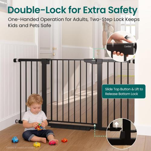 Cumbor 30-54 Extra Wide Baby Gate for Stairs, Dual Lock & Self-Closing Dog Gate Indoor, Easy Install Pet Gate for Doorways, Hallways & Kitchen, Easy Walk Thru Safety Proofing for Babies & Pets, Black