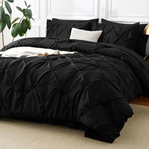 CozyLux King Size Comforter Set 7 Pieces Bed in a Bag Black Comforter King Bed Set Pintuck Bed Sets Pinch Pleat Bedding Sets with All Season Comforter, Flat Sheet, Fitted Sheet and Pillowcases&Shams