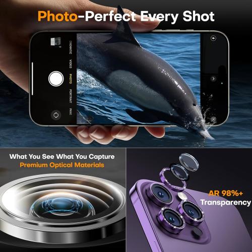 Camera Lens Protector for iPhone 17 Pro Max/17 Pro/16 Pro Max/16 Pro/15 Pro Max/15 Pro/14 Pro Max/14 Pro, Tempered Glass Metal Individual Cover[Anti-drop] Case Friendly-Glitter Deep Purple