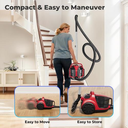1600W Canister Vacuum Cleaner, Bagless Vacuum Cleaner with 45kPa Strong Suction, 4L Large Dust Cup, Variable Speed Control, 5 Tools, Lightweight Canister Vacuum for Home, Pet, Carpet, Hard Floor, Red