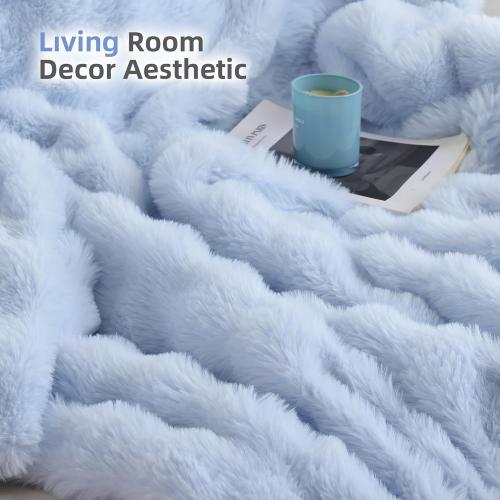 Smoofy Faux Fur Throw Blanket for Couch Rabbit Fleece - Light Blue Fluffy Blanket for Sofa Bedroom Living Room, Cozy Soft Plush Luxury Thick Winter Fuzzy Comfy Bubble Blanket - 60 x 80