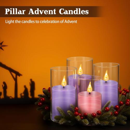 BBTO Christmas Flameless Advent Candles Set of 4, LED Advent Pillar Candles Battery Operated Purple Pink Acrylic Flameless Votive for Seasonal Celebration Rituals Festival Church Decor(3 x 5 Inches)