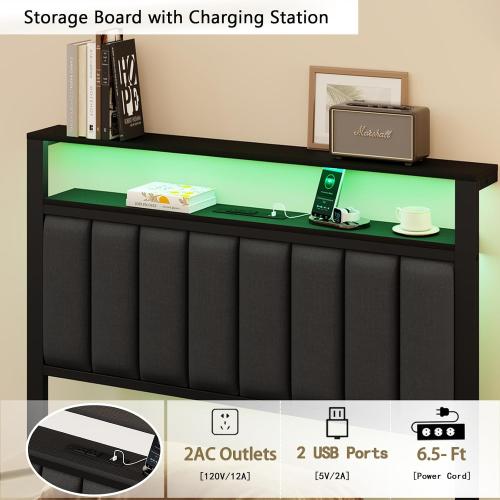 Furnulem Twin Bed Frames with Charging Station and LED Lights, Grey Upholstered Headboard with Shelves, Metal Platform Bed with 2 Under-Bed Storage (Fabric Drawer on Wheels), No Box Spring Needed