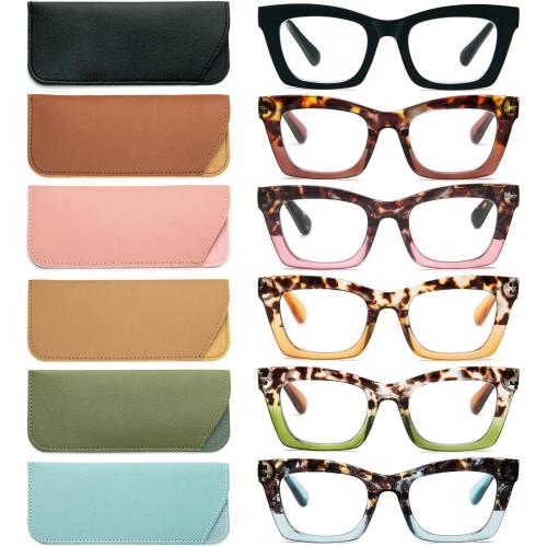 REAVEE 6 Pack Reading Glasses for Women Blue Light Blocking, Cute Square Computer Readers with Spring Hinge