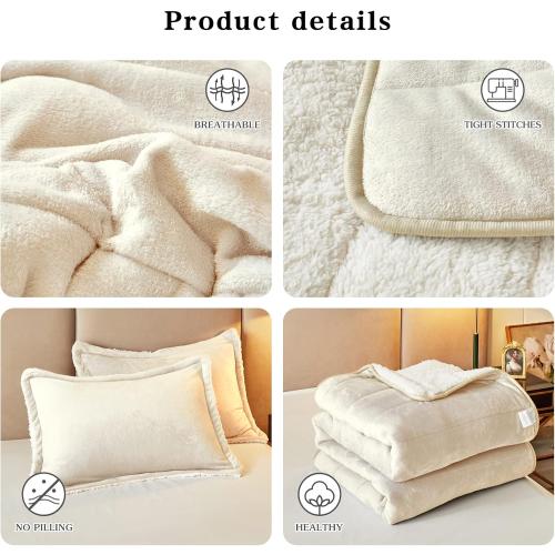 3-Layer Luxury Flannel Fleece Thick Bed Blanket Twin Size for Girls, Soft Plush Velvet Sherpa Blanket with 2 Pillow Shams Heavy Warm for Winter, Breathable n Washable, Cream White