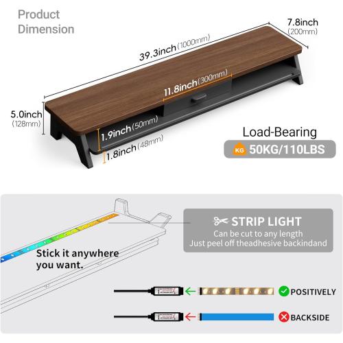 AFOOYO Dual Monitor Stand Riser,LED 2-Tier 39.3 Inch Computer Monitor Stand for 2 Monitors,Office Desktop Organizer with Storage Drawer and Phone Holder for Laptop,PC,Computer,Printer,Walnut
