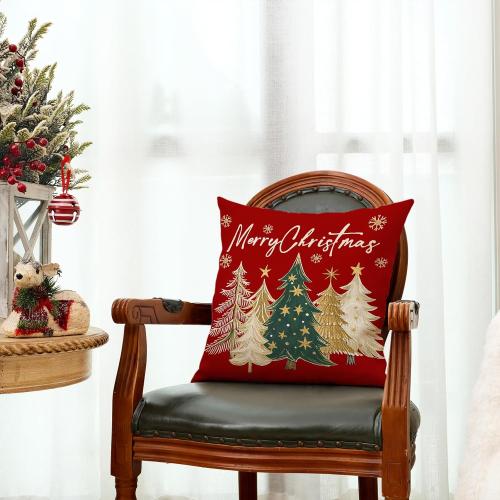 GEEORY Christmas Tree Pillow Cover 18 x 18 Inch, Xmas Decorations, Holiday Winter Decorative Throw Pillows for Sofa Red GS066-18
