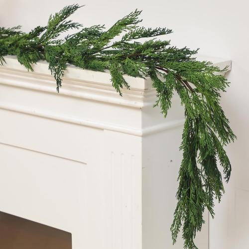 Jutom 2 PCS 9 ft Christmas Cedar Garland - Real Touch Cedar Needles Decorations Artificial Faux Holiday Greenery Garland for Seasonal Table, Mantel & Stair Decor