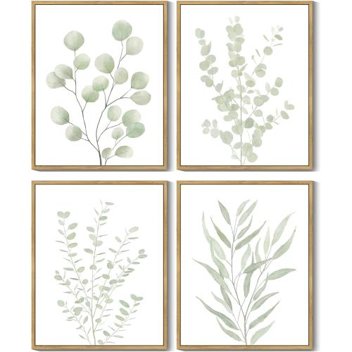Drsoum Botanical Plant Framed Wall Art Boho Wall Decor for Bathroom Sage Green Eucalyptus Leaf Prints Minimalist Aesthetic Ready to Hang Set of 4, 8x10 in (Natural Framed)
