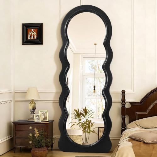 JJUUYOU Full Length Mirror Wavy Wood Framed Floor Mirror,Black Irregular Large Wall Mirrors 63x24 Decorative for Bedroom Living Room Entryway Bathroom Dressing Room Hanging