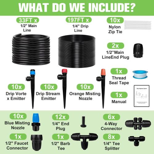 230FT Drip Irrigation System for Garden with 40 Nozzles & Emitters, Garden Watering System with 1/2 & 1/4 Tube and Barbed Fittings - Adjustable Sprinklers Kit for Greenhouse, Lawn, Raised Bed