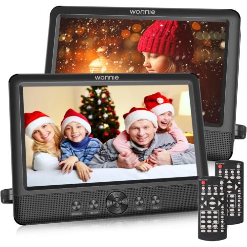 WONNIE  Two DVD Players Dual Screen for Car Portable CD Player, Play a Same or Two Different Movies with Two Mounting Brackets, 5-Hour Rechargeable Battery, Support USB/SD Card Reader