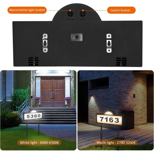 GEYUEYA Solar House Number for Outside, Address Numbers for House,IP65 Waterproof House Number Sign With Dual 3200k Warm White & 6500k Cold White Led, Address Sign Wall Mounted/In Ground for Yard