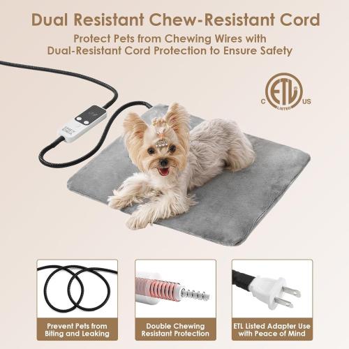 EHEYCIGA Heated Cat Bed Indoor, Adjustable Temperature Dog Cat Heating Pad with Timer, Chew Resistant Cord, Waterproof for Winter, Grey