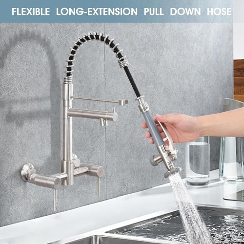 Wall Mount Kitchen Faucet with Pull Down Sprayer, 8 Inch Center Kitchen Sink Faucet, Heavy-Duty Commercial Wall Mount Faucets, 2 Handle Faucet for Kitchen Sink, Brushed Nickel