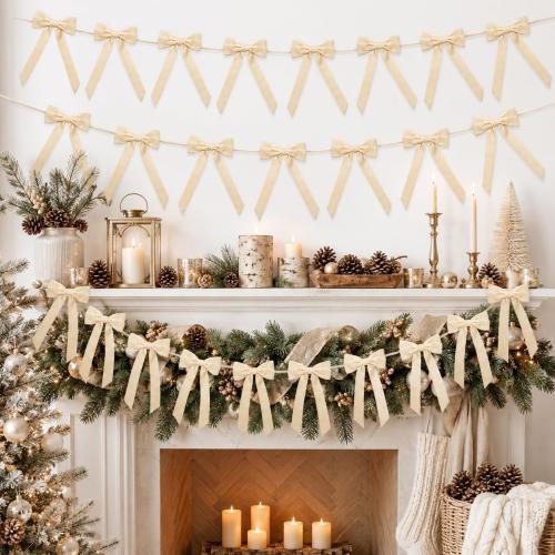 10ft Beige Neutral Christmas Velvet Bows Garland Banner Decoration Decor