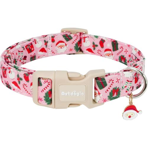 Pink Christmas Dog Collar, Adjustable Cotton Dog Collars with Santa & Snowman Patterrn, Holiday Dog Collars for Small Dogs, Cute Winter Collar for Girl Boy Dogs-S