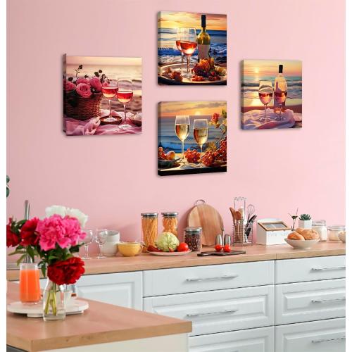 Kitchen Decor Dining Room Wall Art Wine Glass Still Life Fruit Goblet Canvas Prints Artwork Beach Sunset Landscape Romantic Poster Bar Restaurant Home Decoration Framed Ready to Hang 12X12X4 Panels