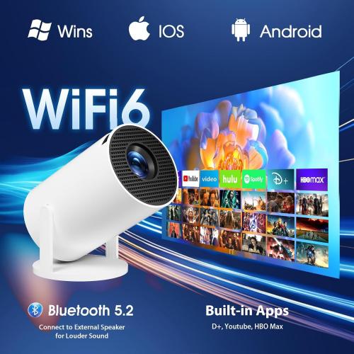 Mini Projector with WiFi and Bluetooth Built-in Apps Smart Projector Support 4K 1080P FHD 180° Adjustable Auto Keystone Compatibile with HDMI/TV Stick/Memory Stick/Laptop, White