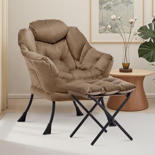 Lazy Chair with Ottoman, Comfy Reading Chair, Brown | Cushioned Seat with Foldable Ottoman and Side Pocket, Lounge Chair for Bedroom, Living Room, Dorm and Small Spaces