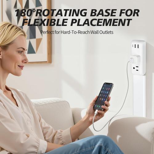 Electrical Outlet Extender Stick,Rotated and Extended Power Strip,with 1 USB-C,2 USB-A,2 AC Outlets,Extends 22-34, Rotated 180°,Perfect for Hard-to-Reach Outlets Behind Couch,Sofa, Bed, Furniture