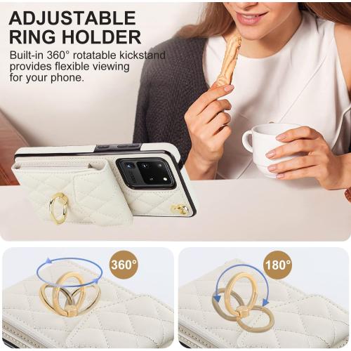 Asuwish Phone Case for Samsung Galaxy S20 Ultra 5G Wallet Cover with Tempered Glass Screen Protector and Ring RFID Blocking Credit Card Holder Cell S20ultra 20S S 20 A20 S2O 20ultra G5 Women Off White