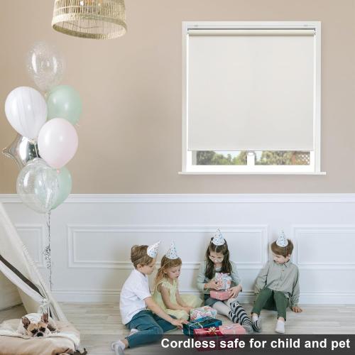 Sunoff Blackout Roller Shades Blinds Cordless for Windows Pull Down Room Darkening Door Blinds with Thermal Insulated Easy to Install for Living Room,Bedroom,Home,Office,Linen Beige 34.5 W x 72 H