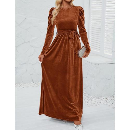 Size  S....Women's Velvet Maxi Dress Fall 2025 Long Puff Sleeve Crew Neck Elastic High Waist Cocktail Party Bridesmaid Dresses