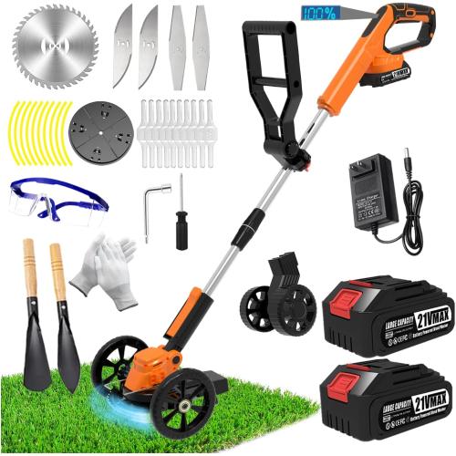 Electric Weed Wacker Eater Cordless Battery Powered, Weed Trimmer 21V Lightweight No-String with 2 Battery Operated & Wheels, 3 in 1 Stringless Grass Trimmer/Edger/Brush Cutter for Garden Yard Lawn‼️items missing‼️