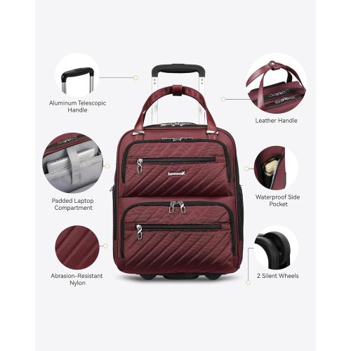 LUGGEX Underseat Carry On Luggage with Wheels, Stylish Lightweight Under Seat Luggage, Soft Sided Personal Item Suitcase for Short Trip (Dark Scarlet, 16 Inch)
